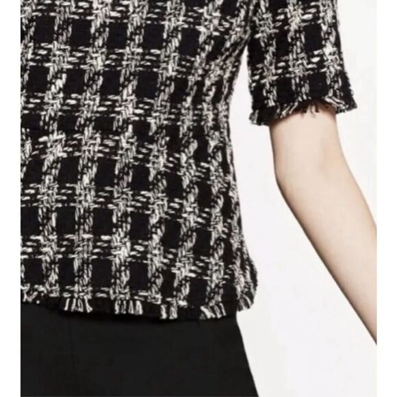 Zara Black White Houndstooth Tweed 3/4 Sleeve Blouse Top Medium - Picture 7 of 9